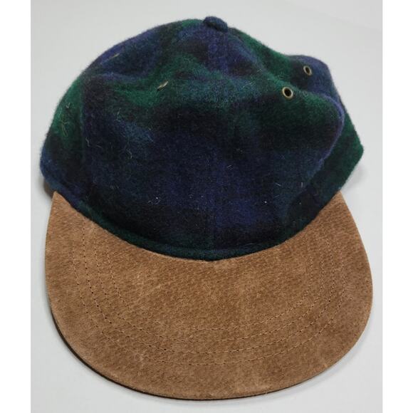 Lands' End Wool Blue Green Plaid Cap Tan Genuine Suede Bill Adjustable - Picture 1 of 7